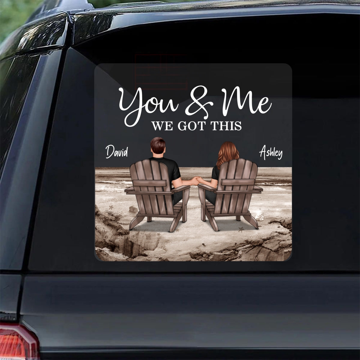 Back View Couple Sitting Beach Landscape Personalized Decal