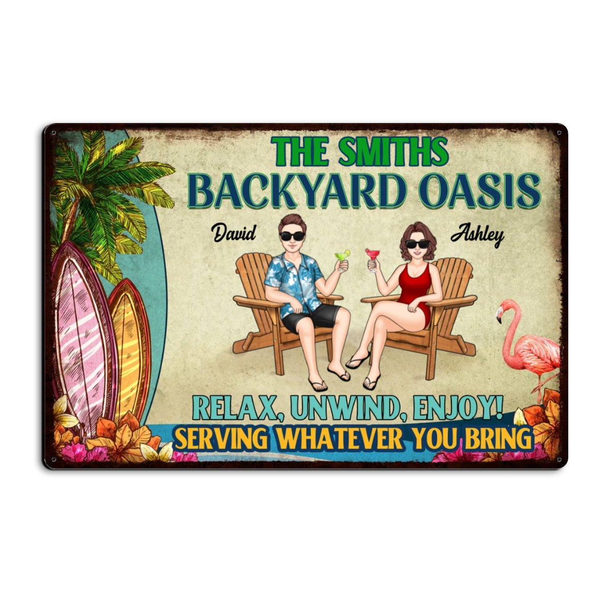 Backyard Oasis Serving Whatever You Bring, Personalized Metal Sign, Patio Decor, Pool Sign, Tiki Bar