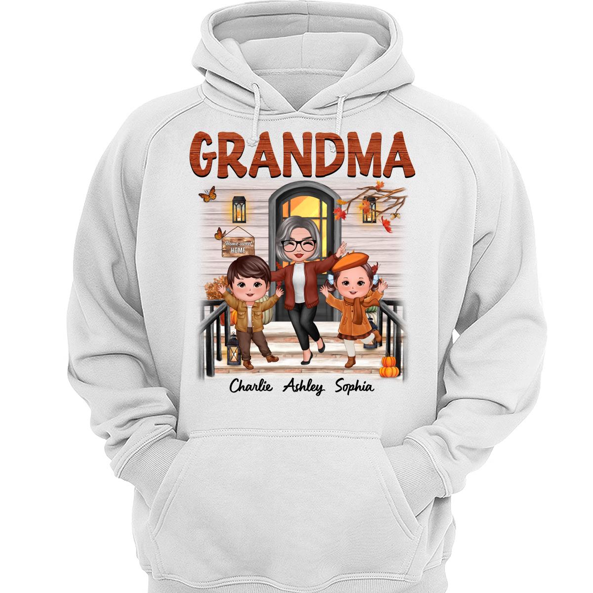 Fall Season Happy Doll Grandma And Grandkids Front Porch Personalized Shirt