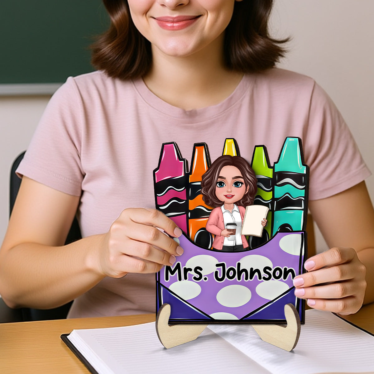Teacher Crayon Box Personalized 2-Layer Wooden Plaque, Back To School Gift
