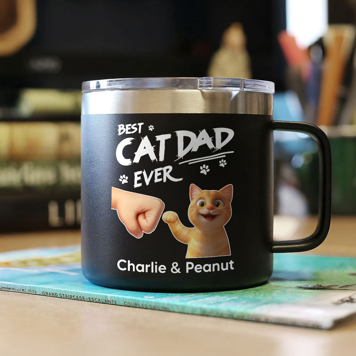 Best Cat Dad Ever Personalized Stainless Steel Tumbler With Handle, Unique 2025 Father's Day Gift For Cat Lovers