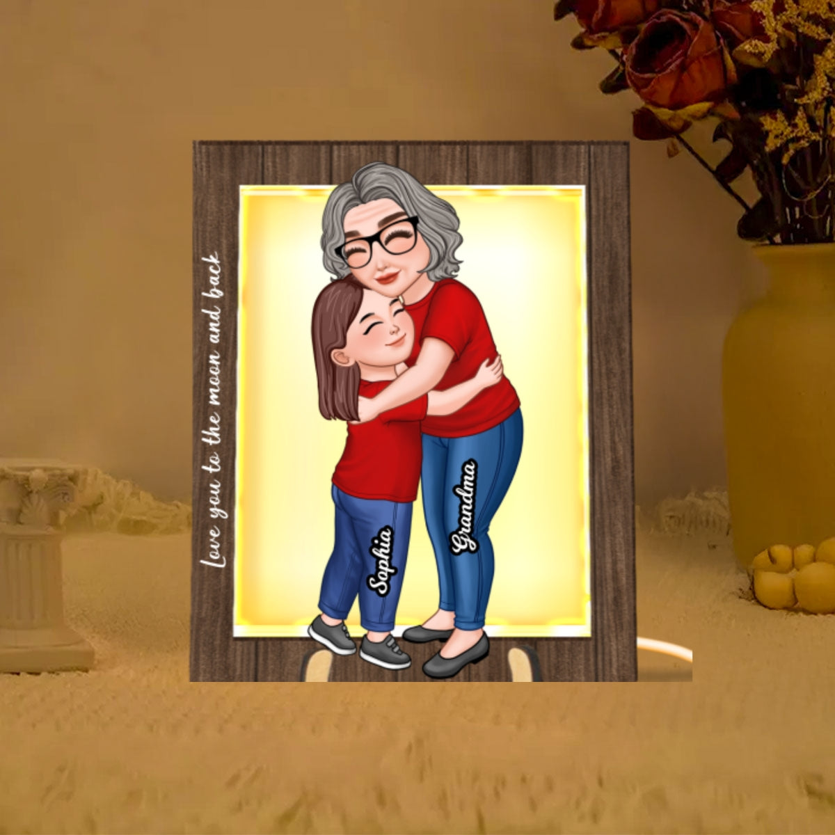 Grandma Grandkid Hugging Personalized 2-Layered Wooden Plaque With LED, Gift for Grandma, Mother's Day