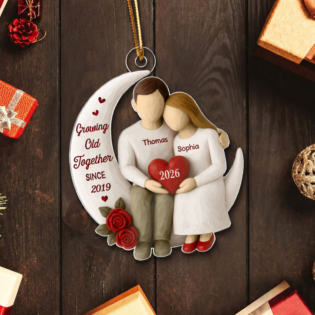 3D Effect Roses Wooden Texture Couple On Moon - Personalized Acrylic Ornament - Christmas Gift For Couple