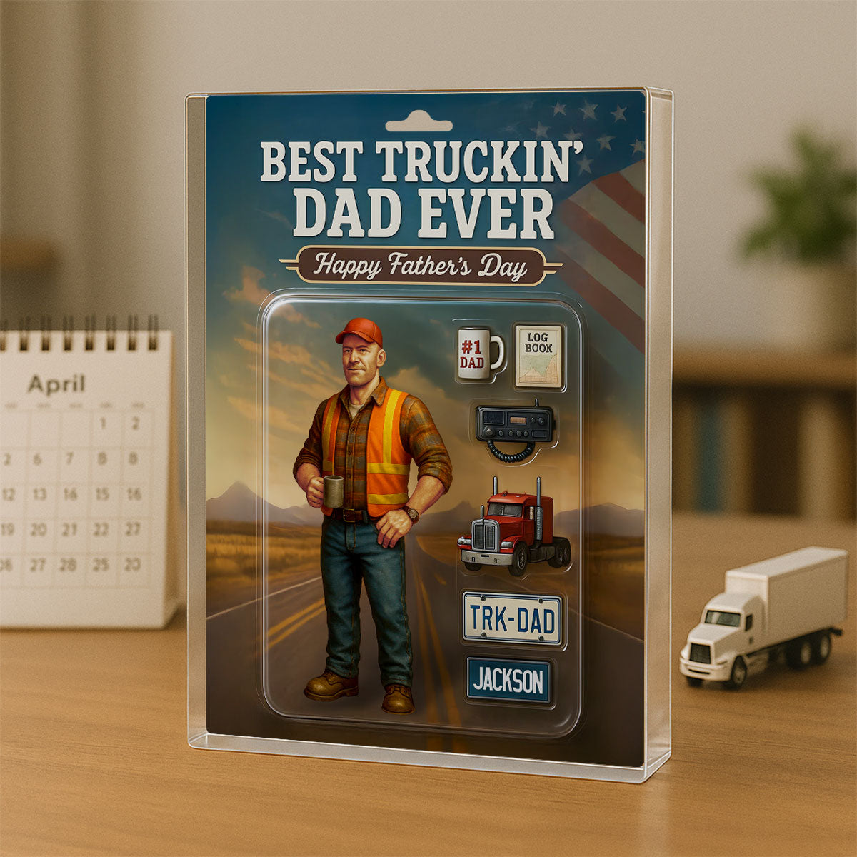 Best Truckin' Dad Ever Custom Action Figure Personalized Acrylic Block Plaque, Father's Day Gift for Trucker Dads