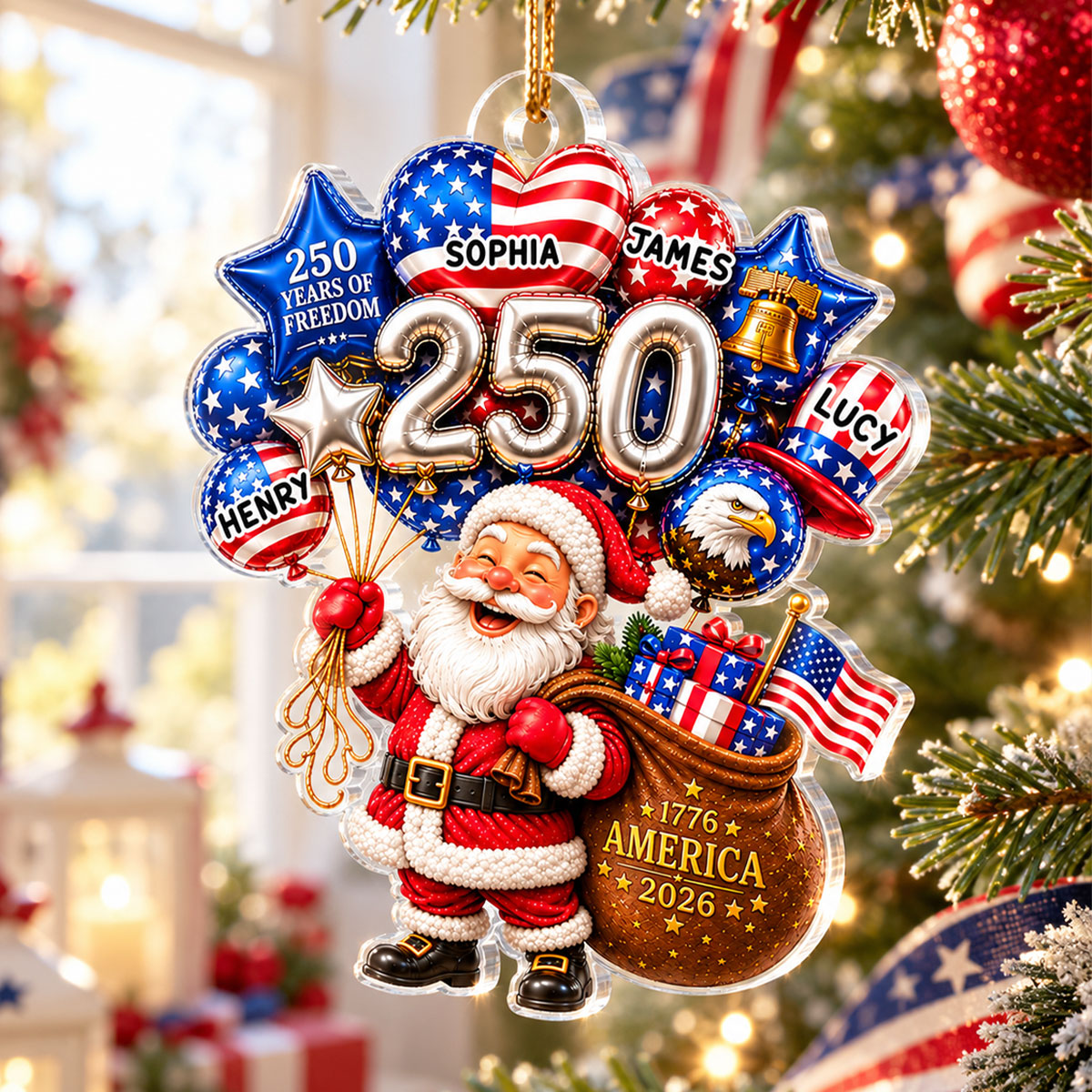 Santa Christmas USA 250 Christmas Custom Names - Personalized Acrylic Ornament 2026 - Gift For Family, Friend