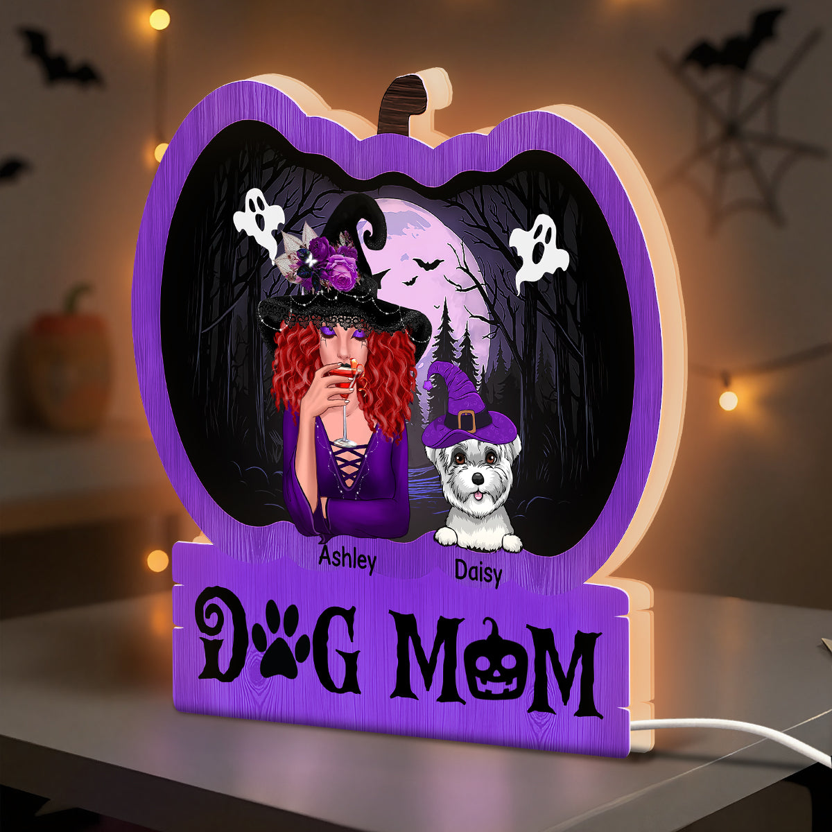 Halloween Dog Mom Personalized Light Box With 7 LED Colors, Spooky Halloween Decoration