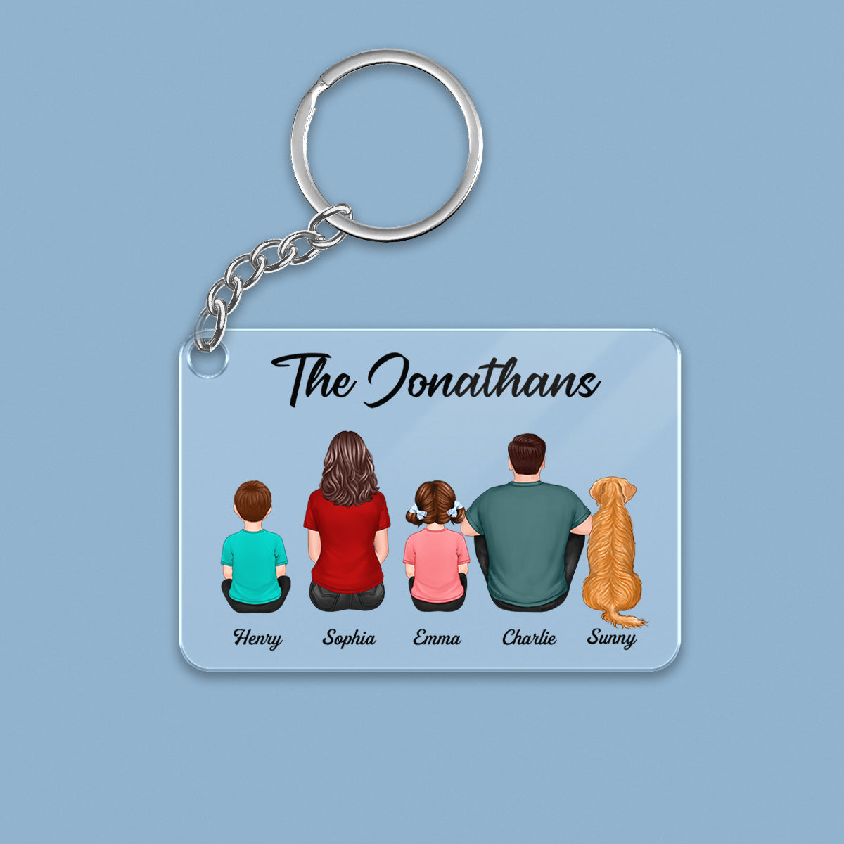 Whole Family Couple Kid Dog Cat Back View Sitting Personalized Acrylic Keychain