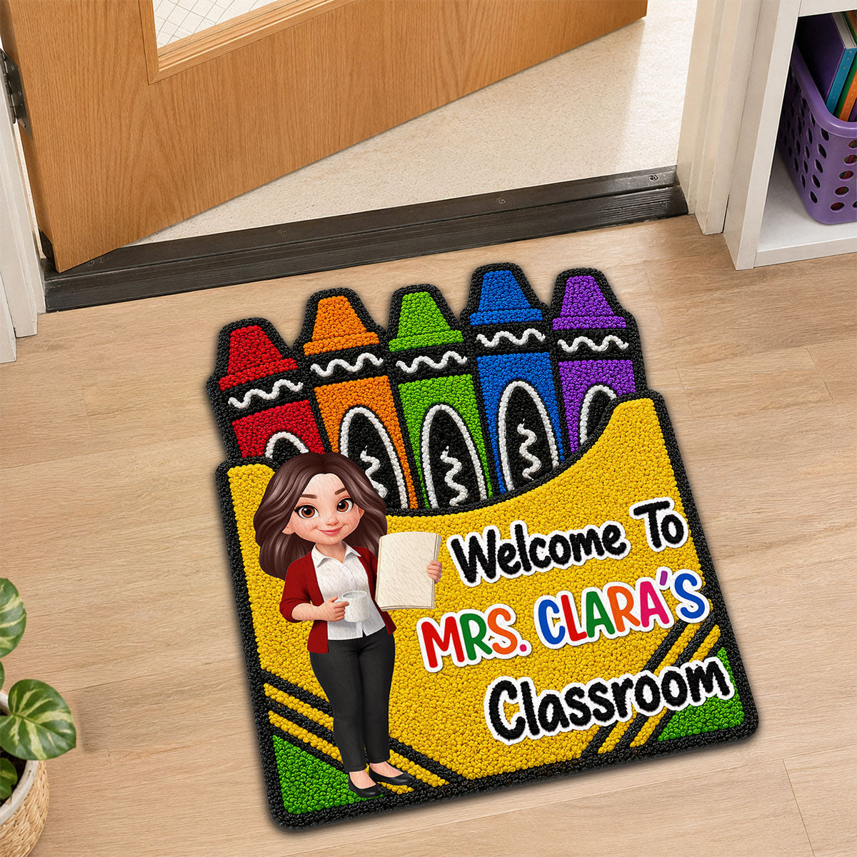 Teacher Welcome To Classroom Crayon Box Faux Yarn Pattern - Personalized Doormat - Back To School Gift For Teacher, Classroom Decor
