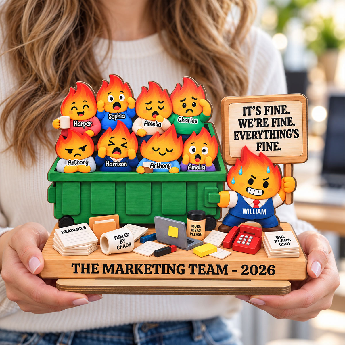 Dumpster Fire Team 2D Flat - Personalized Wooden Plaque – It's Fine We're Fine Everything's Fine, Funny Coworker Gift 2026