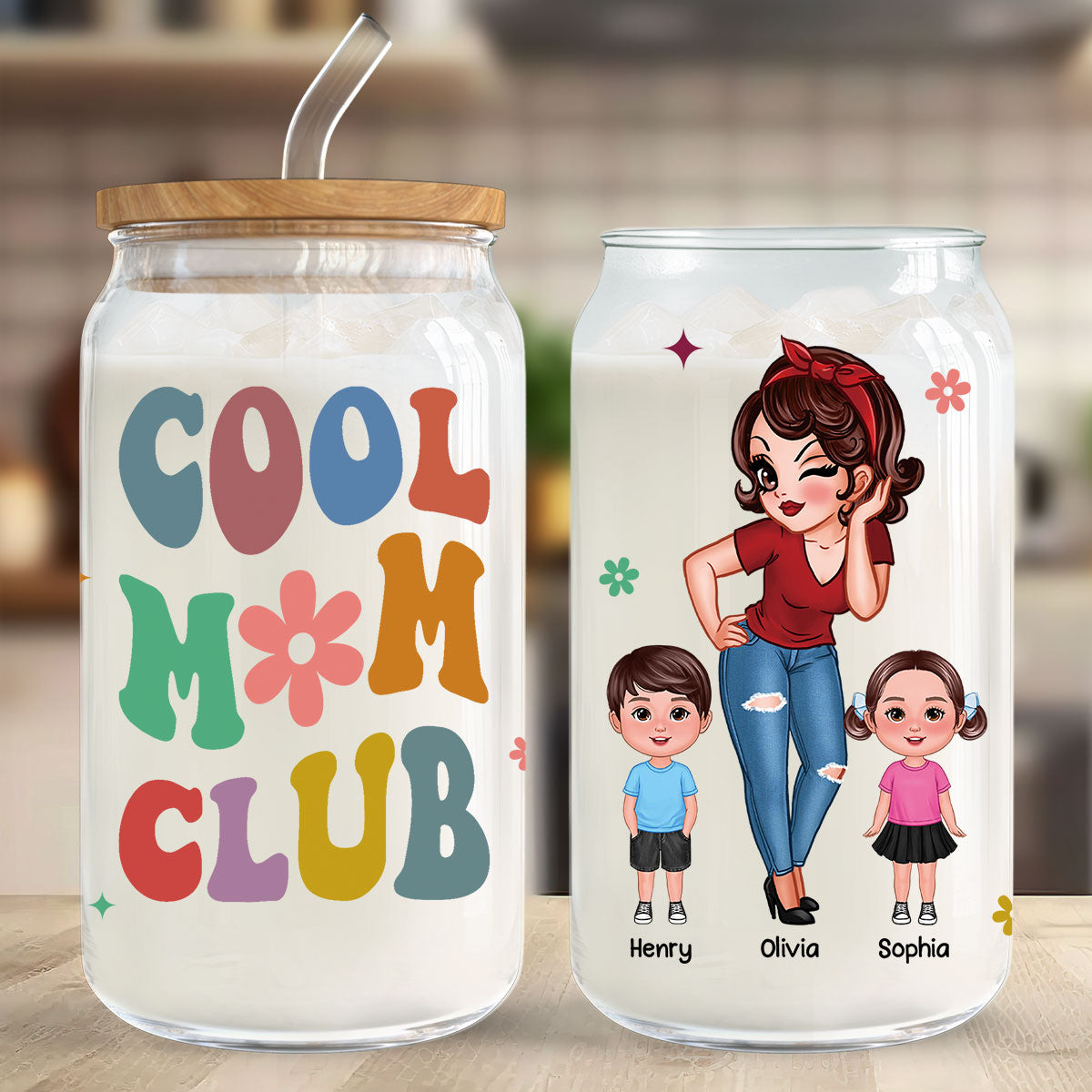 Cool Grandma Mom Club Pretty Woman With Kids Personalized Clear Glass Can