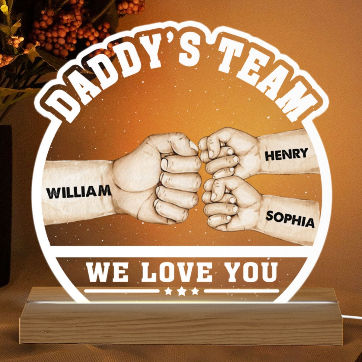Daddy‘s Team Fist Bump Personalized Custom Shape Acrylic Warm LED Night Light