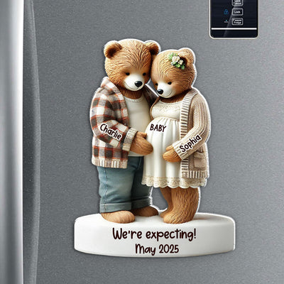 3D Effect Bear Couple Expecting New Baby Pregnancy Announcement Keepsake Personalized Acrylic Fridge Magnet