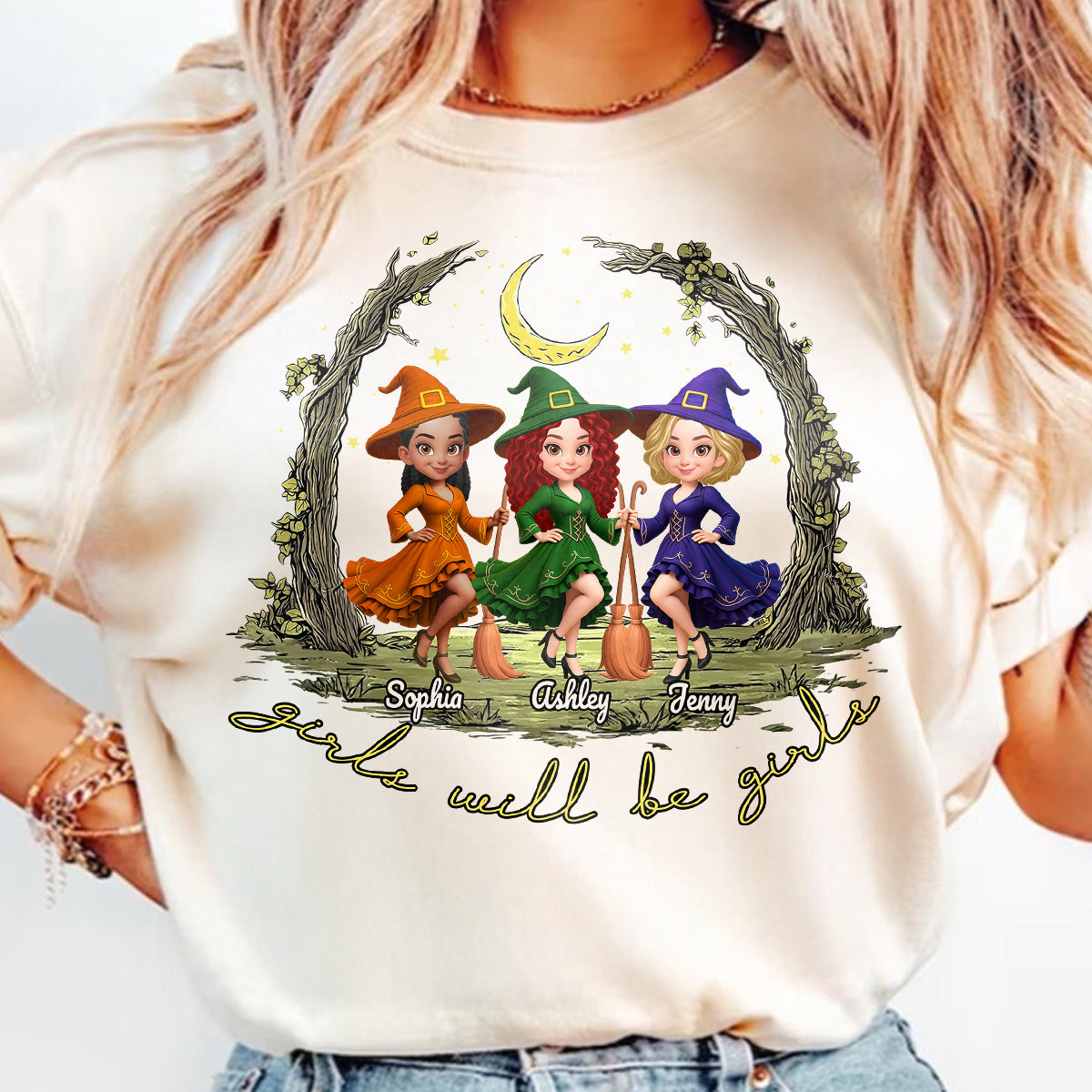Halloween Witch Besties Sisters Friends Under Moon Personalized Sweatshirt, Halloween Matching Shirt