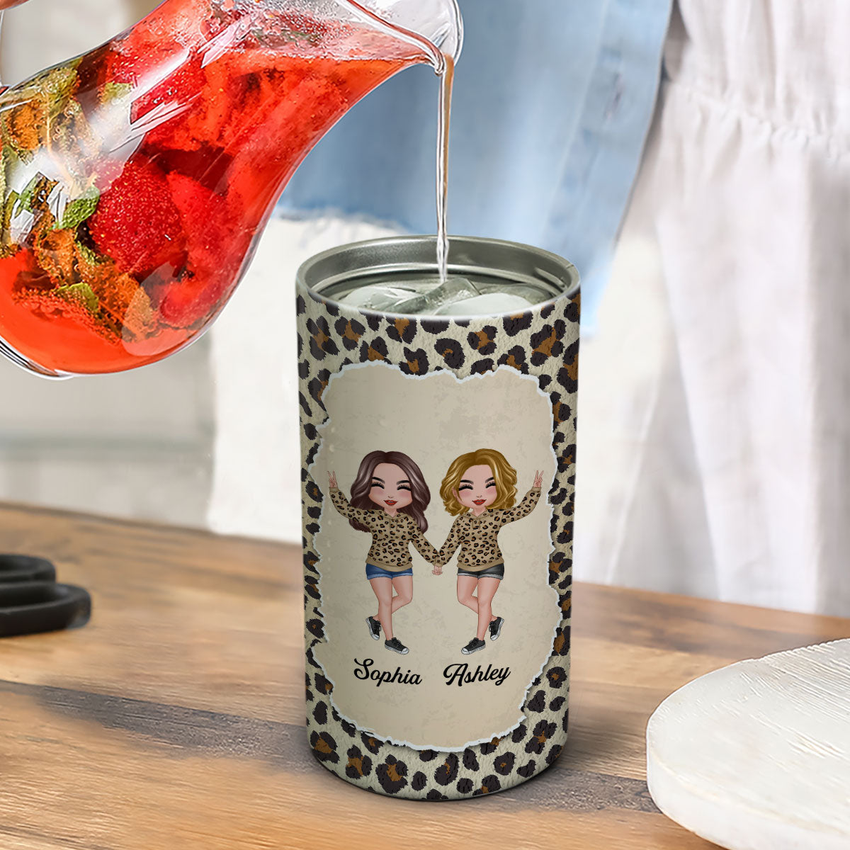 Happy Doll Besties Sisters Torn Leopard Frame Personalized 4 In 1 Can Cooler