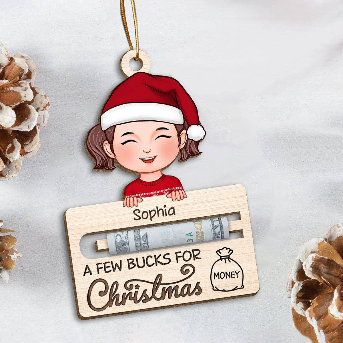 A Few Bucks For Christmas Personalized Wooden Ornament, Money Holder Ornament For Kids