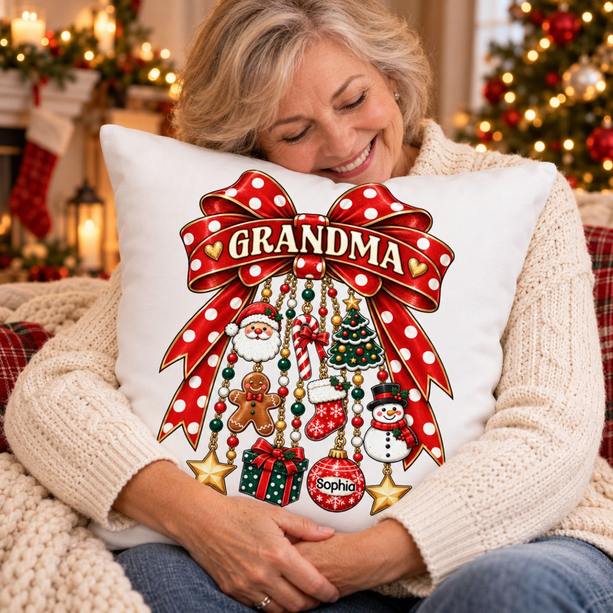 Grandma Retro Christmas Charm Bow - Personalized Pillow - Trendy Christmas for Grandma