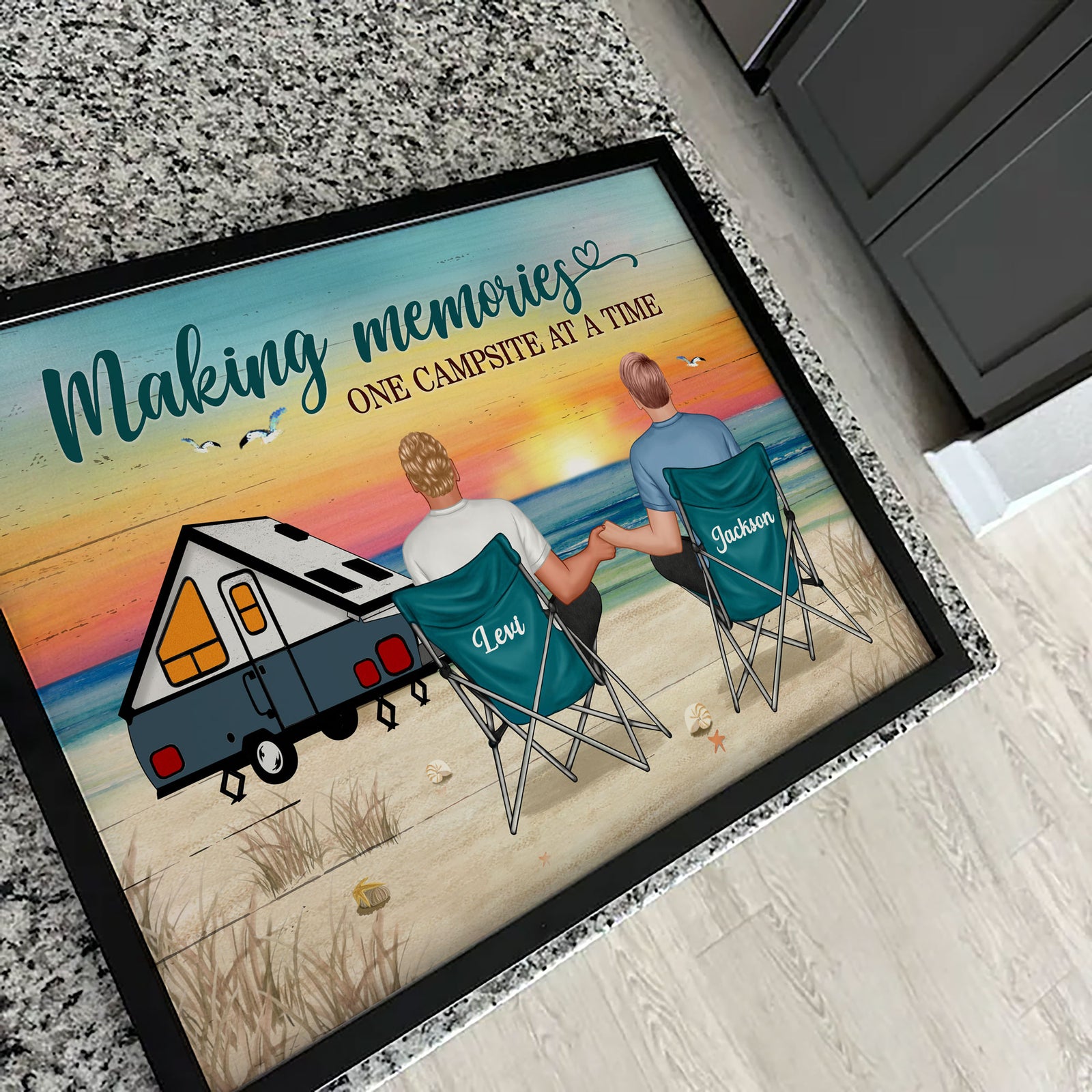 Back View Couple Camping Beach Landscape Personalized Horizontal Poster
