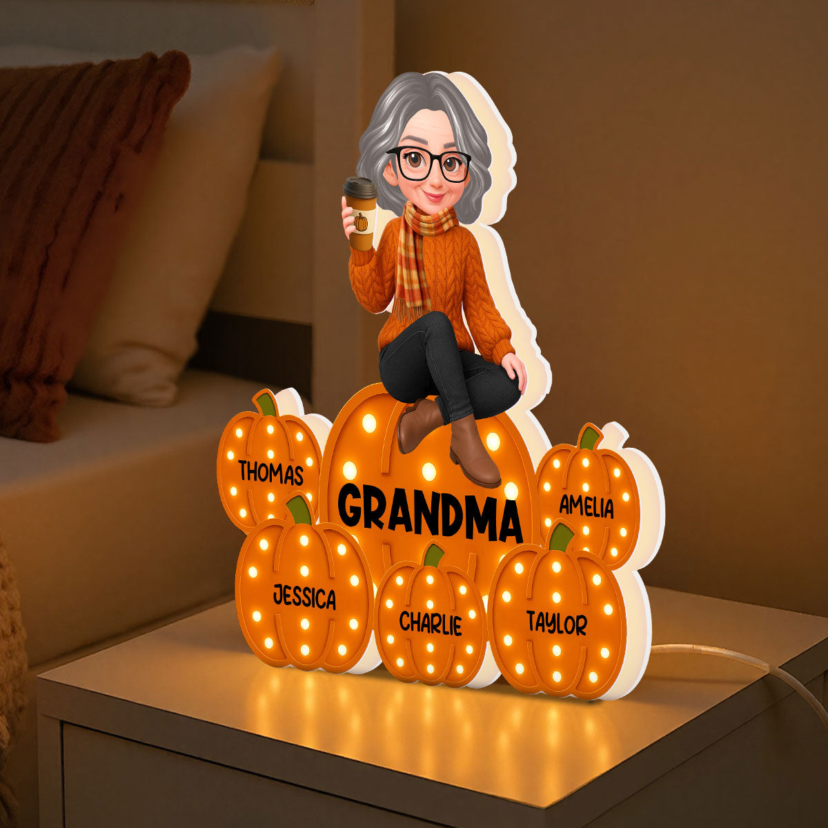 Fall Season Grandma Marquee Pattern Texture Pumpkins Kids Names Personalized LED Light Box