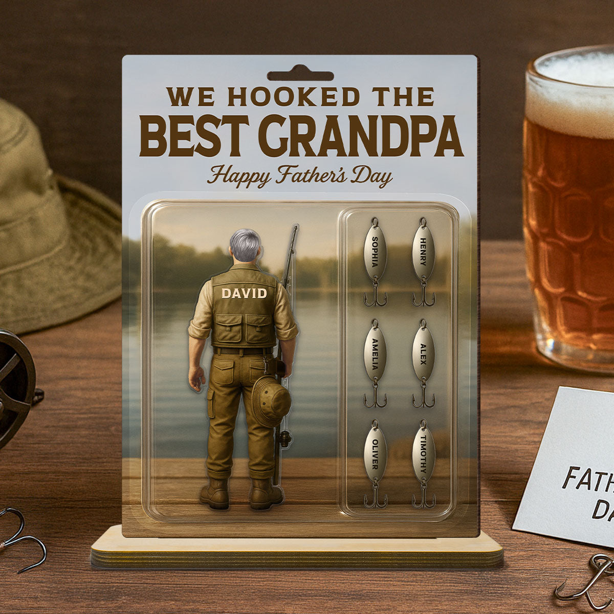 We Hooked The Best Dad Grandpa Fishing With Kids' Names Custom Figure Personalized Standing Wooden Plaque, Perfect Father's Day Gift For Fishing Dad, For Husband, For Grandpa