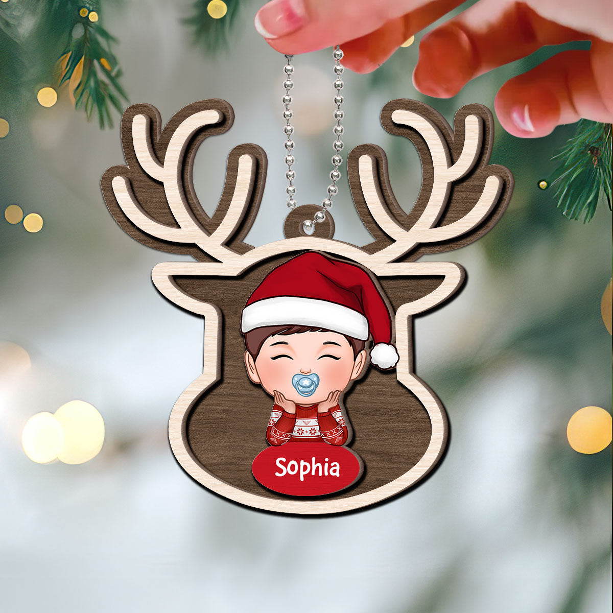 Reindeer Baby Christmas Personalized 2-Layer Wooden Ornament