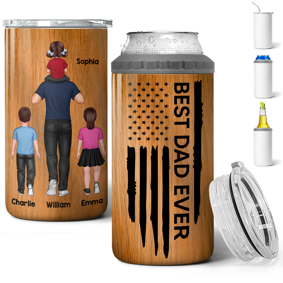 Best Dad Ever Piggy Back Man & Kids Nation Flag Father‘s Day Gift For Husband Father Figures Personalized 4 In 1 Can Cooler