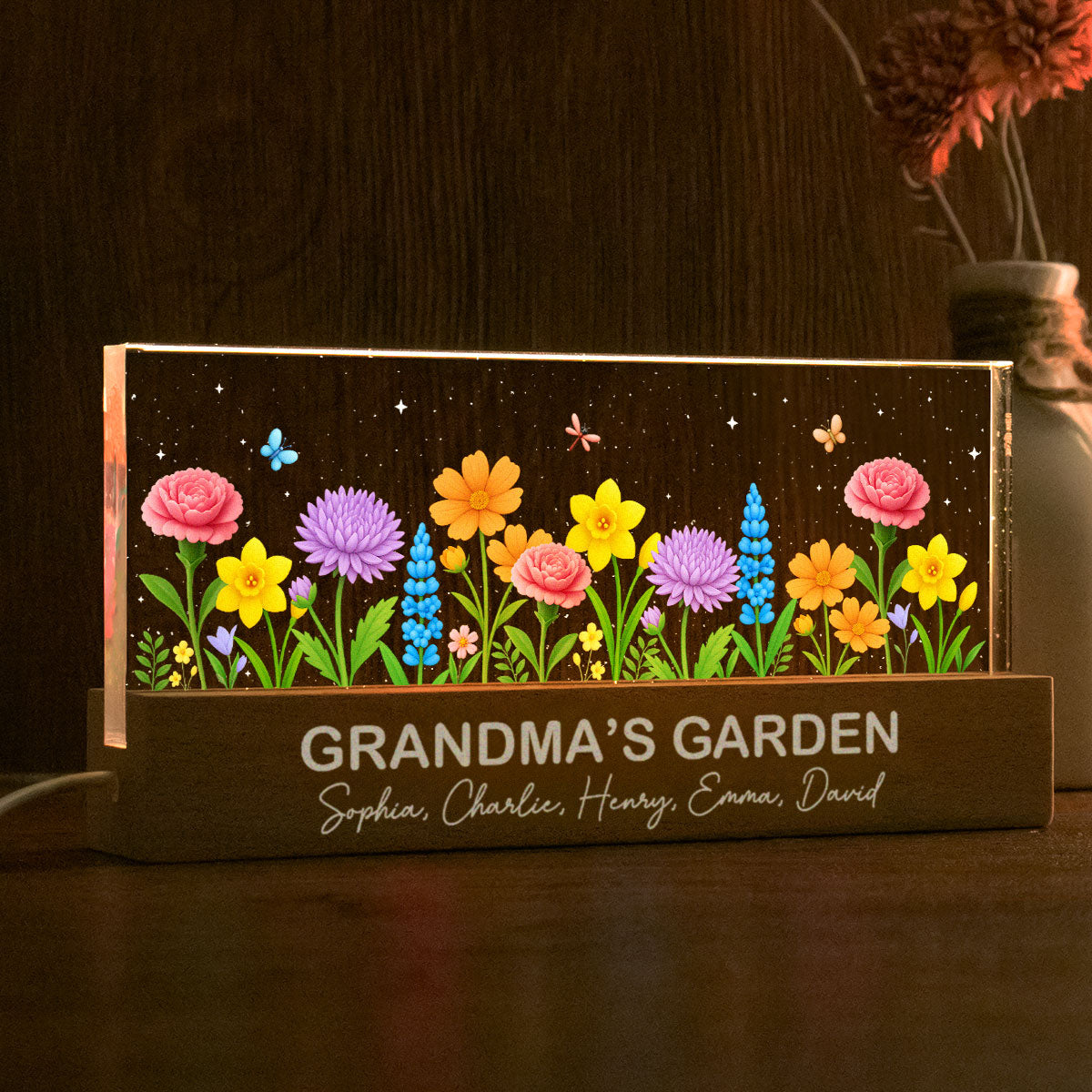 Blooming Birth Month Flowers Grandma Mom Garden Personalized Acrylic Block LED Night Light