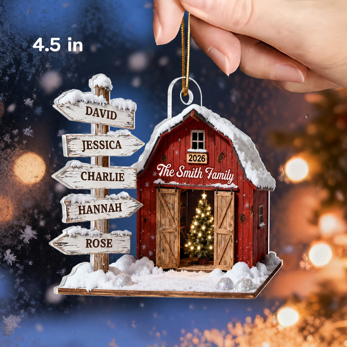 3D Effect Christmas Flat Nostalgia Barn House Family Sign Posts - Personalized Acrylic Ornament - Gift For Family, Farmhouse Decor