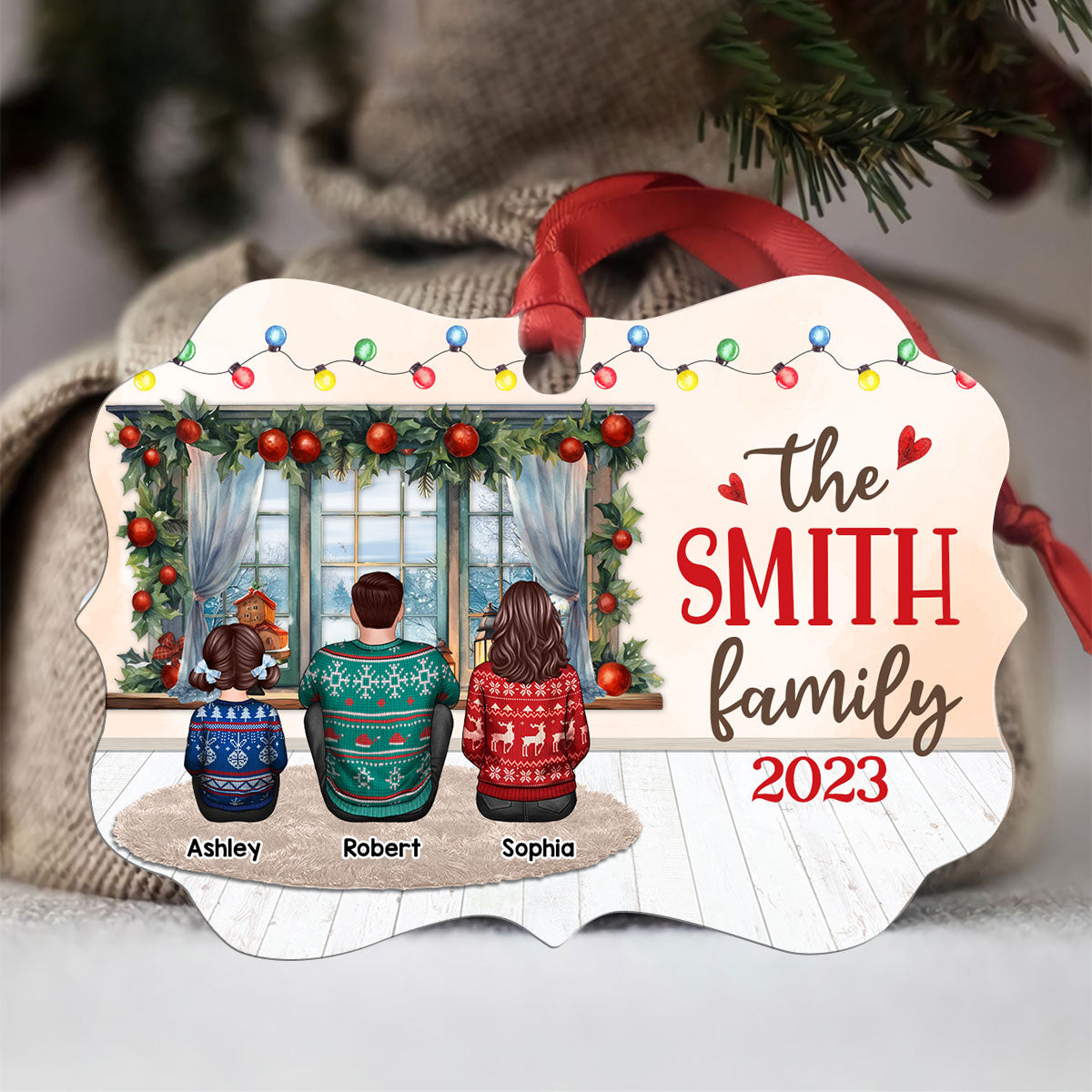 Family Dad Mom Kids Dogs Cats Sitting By Window Personalized Christmas Ornament
