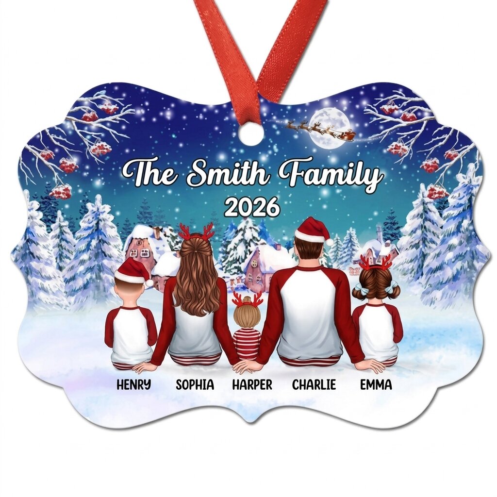Pajamas Family Sitting In Christmas Night Personalized Christmas Ornament