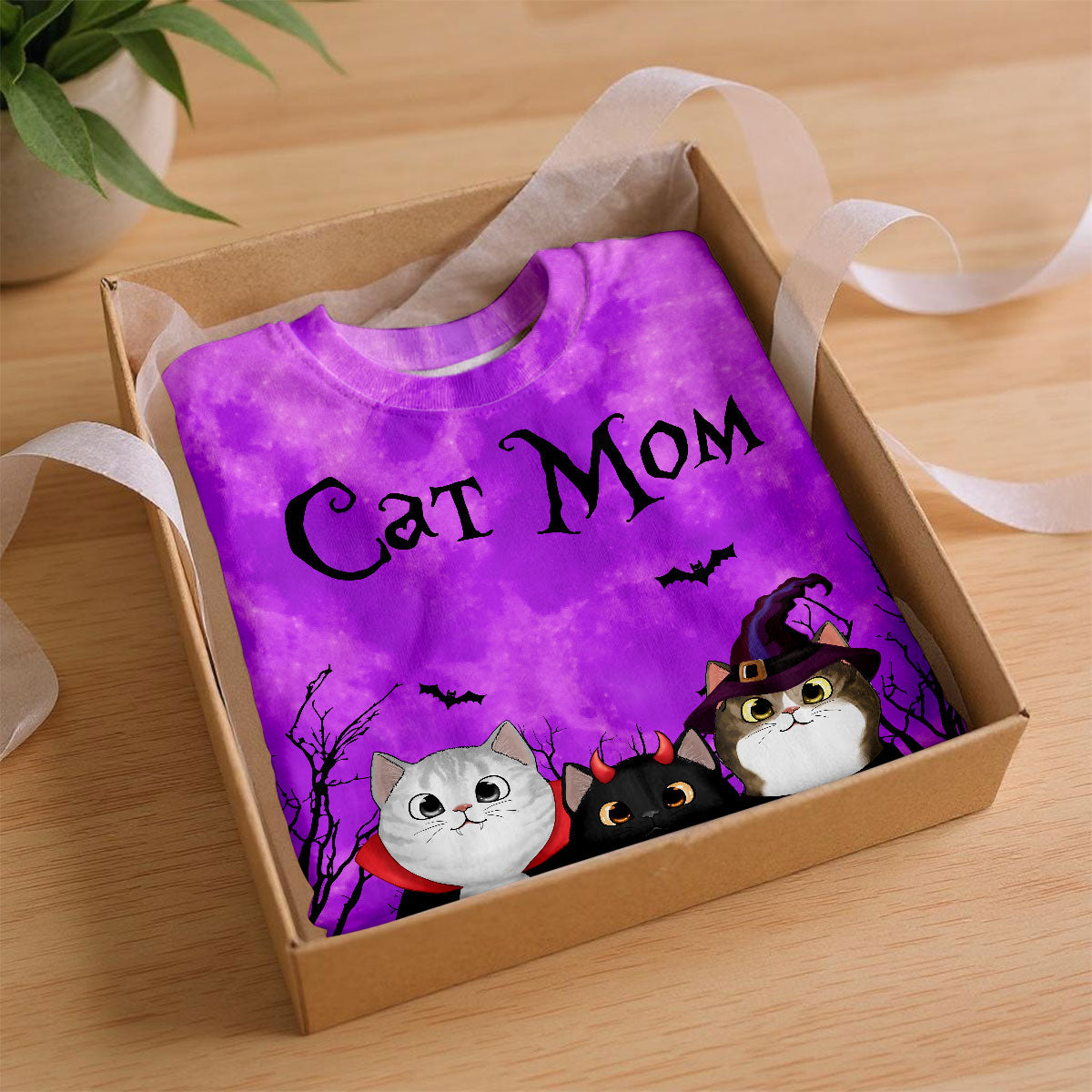 Cat Mom Halloween Moon Light Bat Tree Witchy Theme Personalized Shirt, Purrfect Costume for Cat Lover