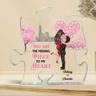 Skyline Pink Tree Heart Balloon Kissing Hugging Couple Personalized Acrylic Puzzle Plaque