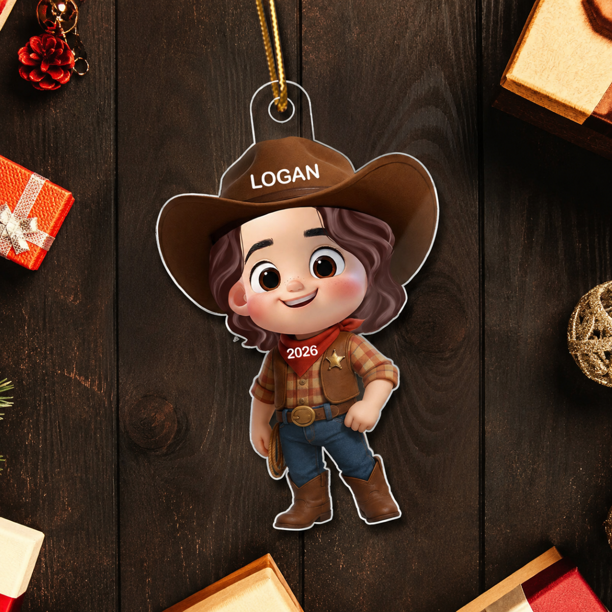 3D Effect Little Cowboy Christmas Personalized Acrylic Ornament