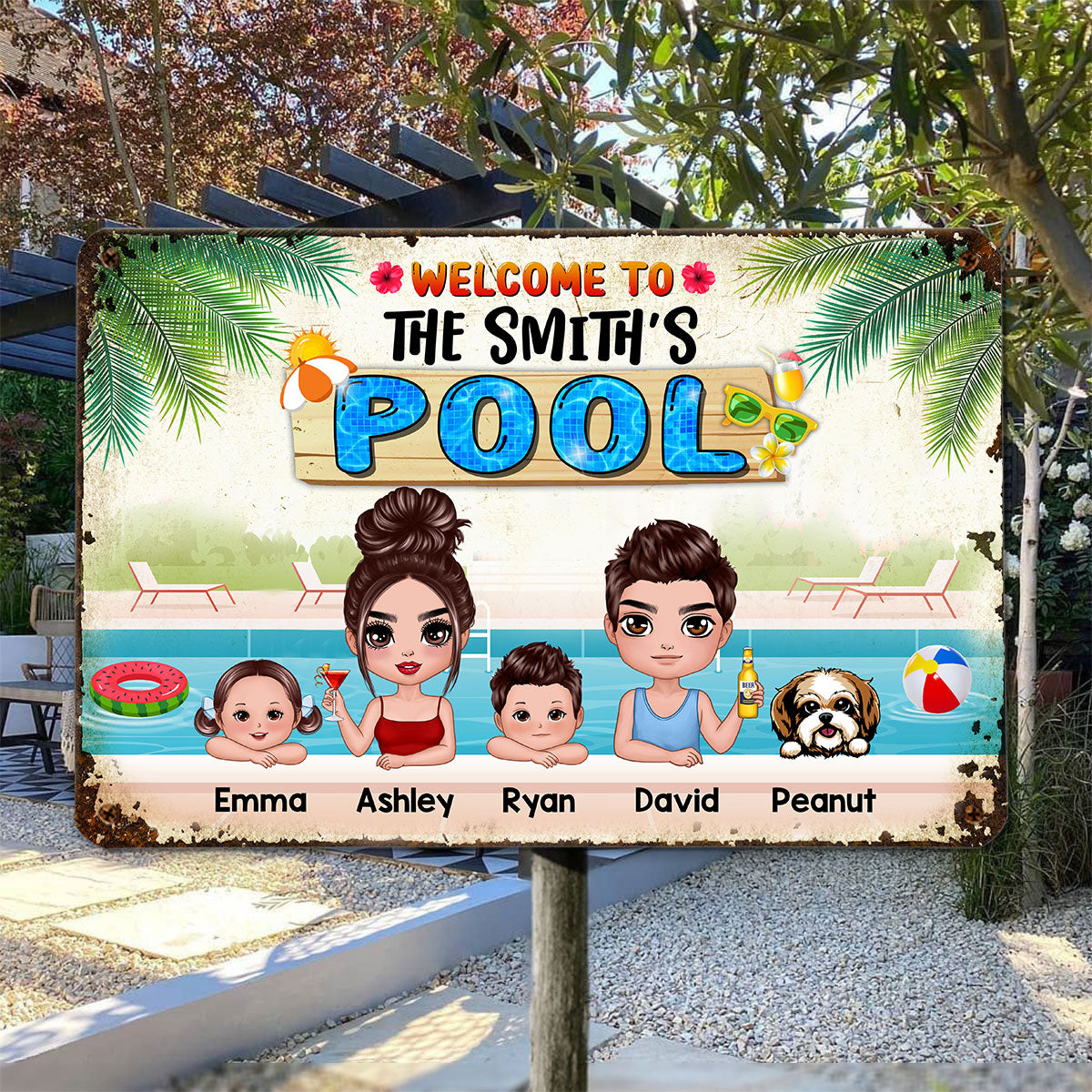 Welcome To Family Pool Couple Dad Mom Kids Dogs Cats Summer Personalized Metal Sign