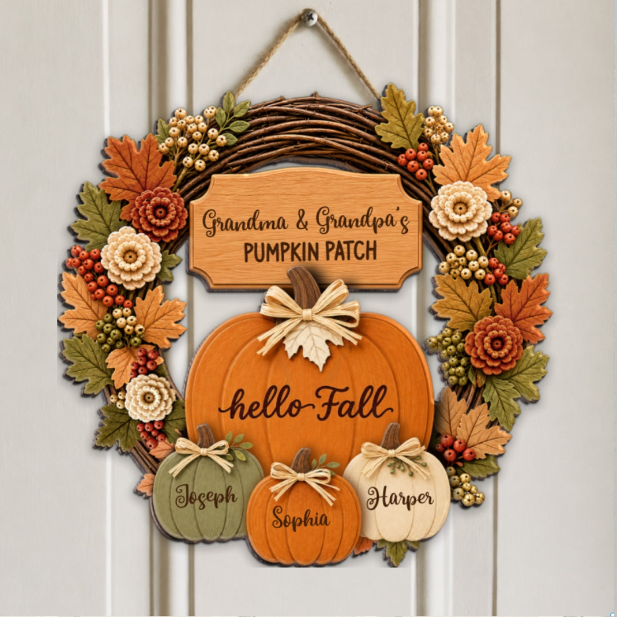 Grandma Grandpa's Pumpkin Patch Wreath Style 2D Flat Printed - Personalized Door Hanger - Fall Season Decor For Grandparents