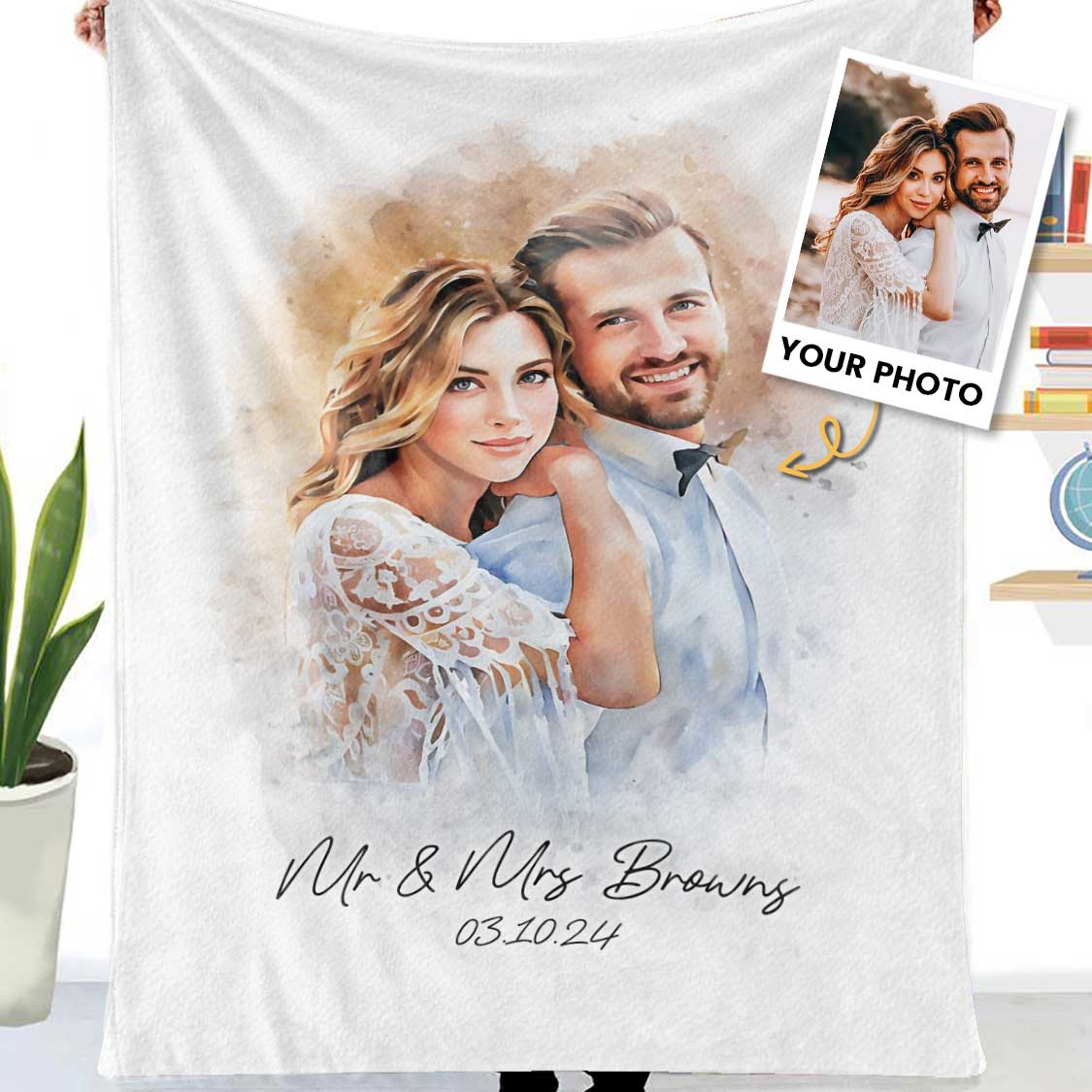 Watercolor Couple Portrait from Photo, Custom Wedding Anniversary Christmas Gift for Wife Husband Parents, Personalized Fleece Blanket
