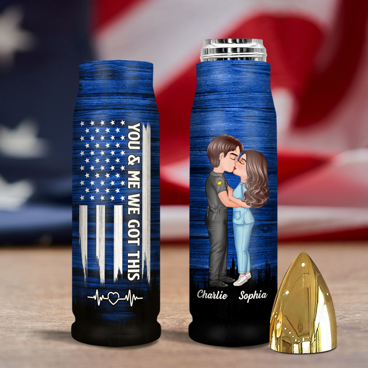 Hero Couple Hugging Kissing Half Flag  Gift by Occupation Gift For Her Gift For Him Personalized Bullet Tumbler