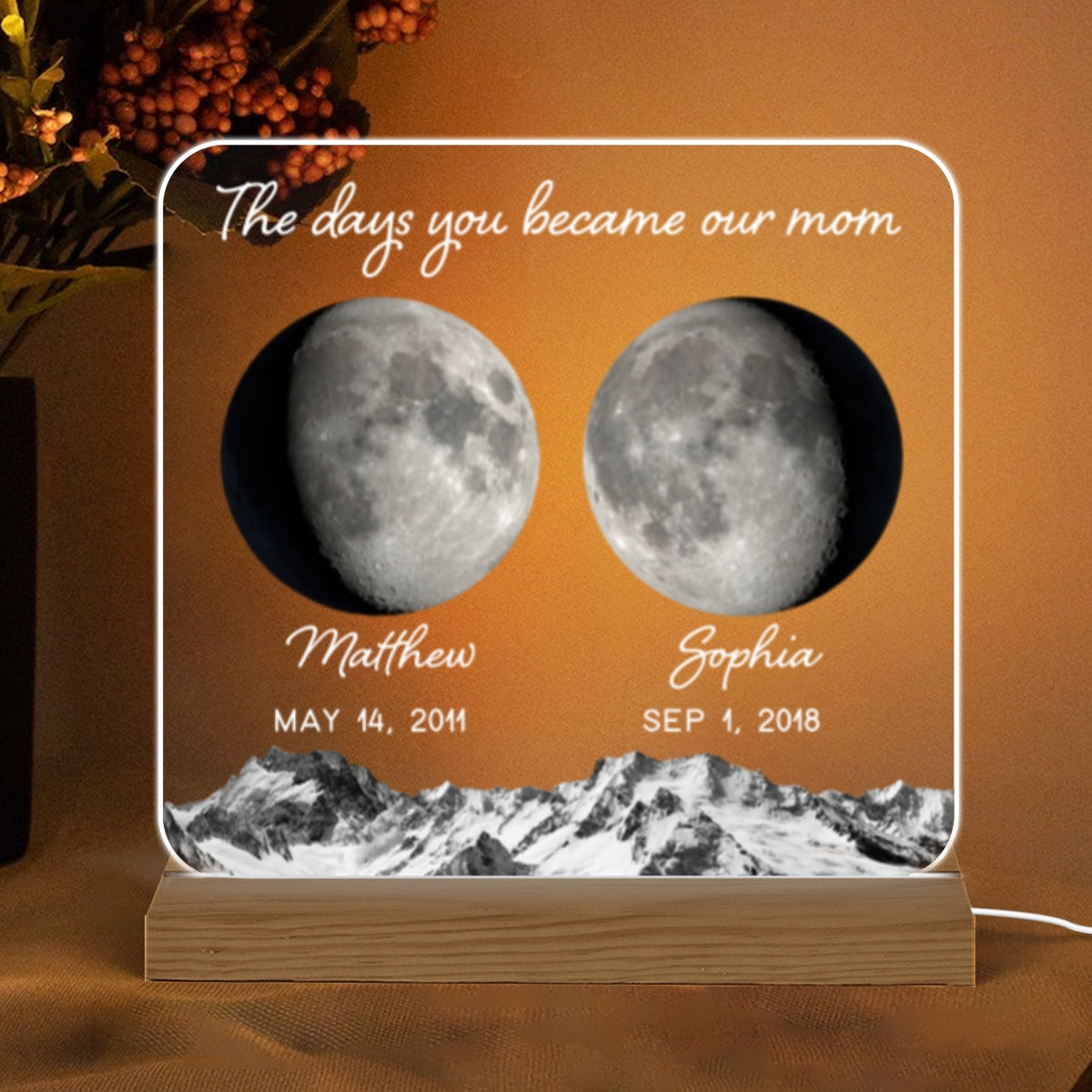 The Day You Became Mom Grandma Custom Birth Moon Phase Personalized Acrylic Warm LED Night Light, Gift