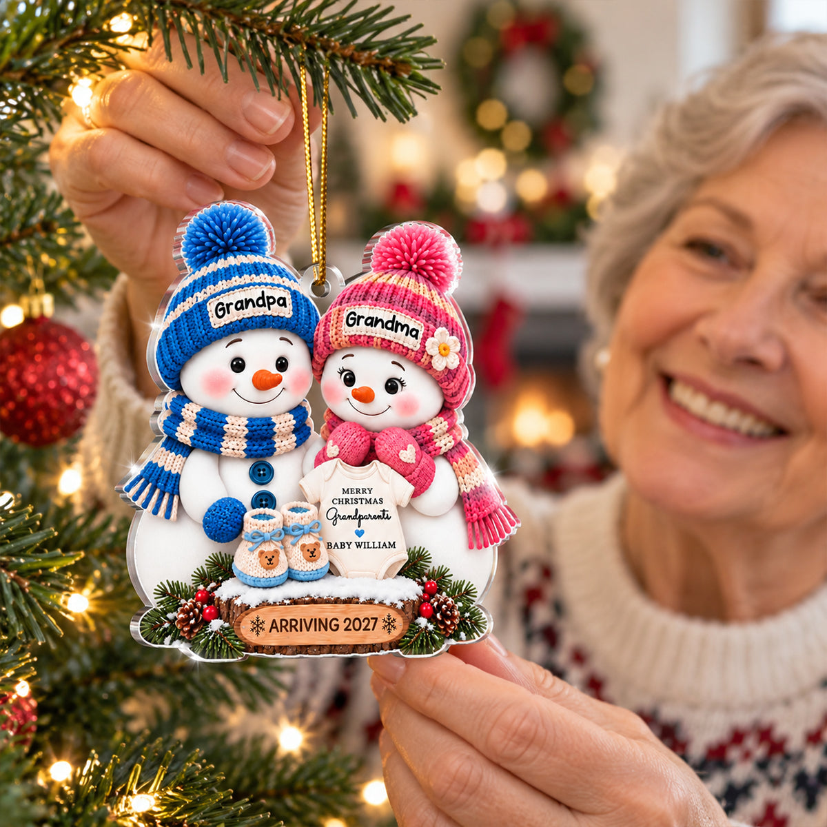 Promoted To Grandparents Cute Snowman 2D Flat - Personalized Acrylic Ornament - First Christmas Gift For New Grandparents, Pregnancy Announcement