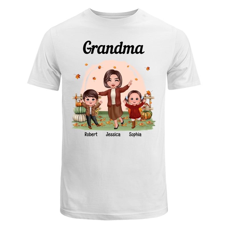 Fall Season Happy Doll Grandma And Grandkids In The Pumpkin Patch Personalized Shirt