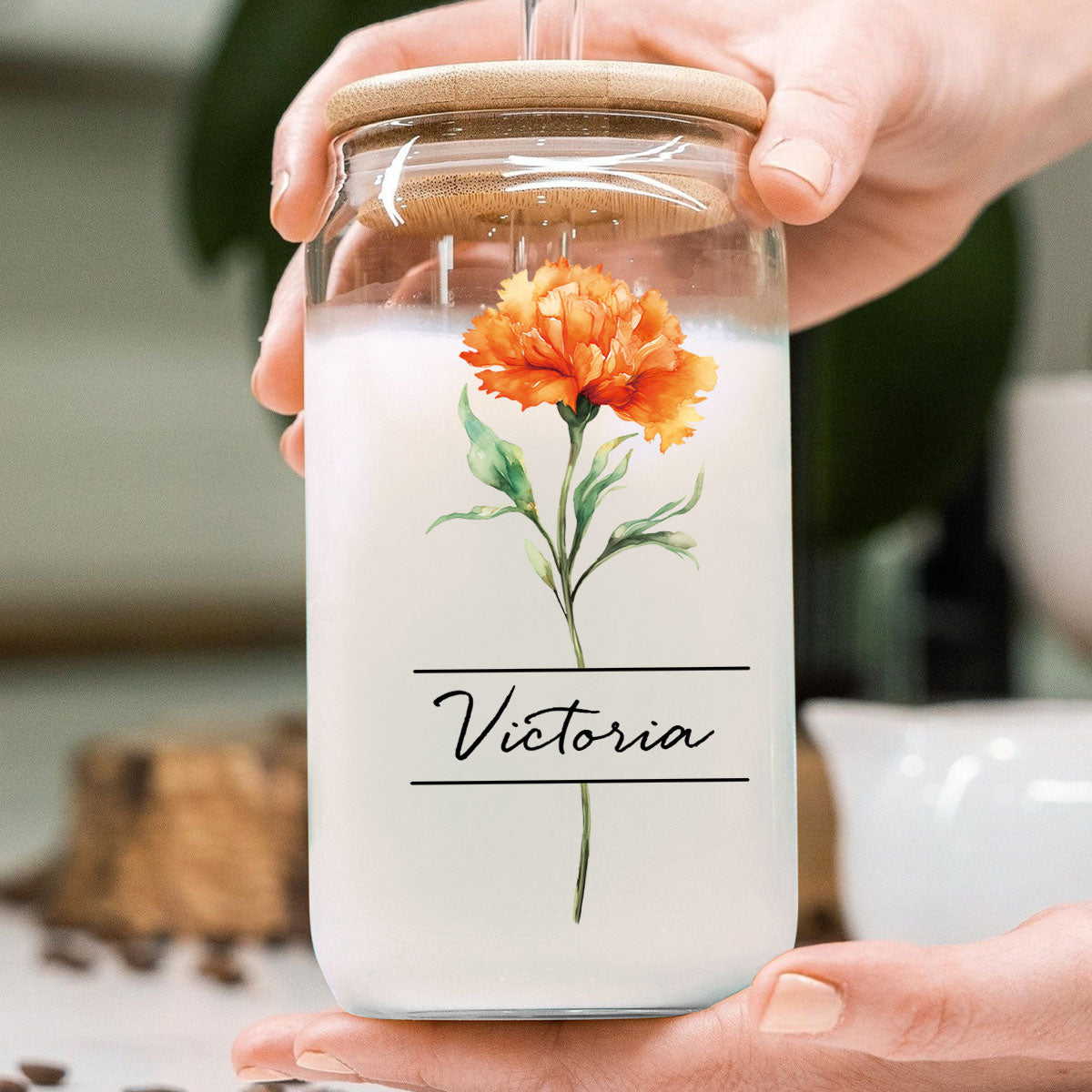 Beautiful Birth Flower With Name Birthday Gift For Friends Mom Grandma Mother‘s Day Gift Personalized Clear Glass Can