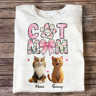 Cat Mom Pink Coquette Personalized Shirt, Cartoon Cute Cat, Gift for Cat Moms