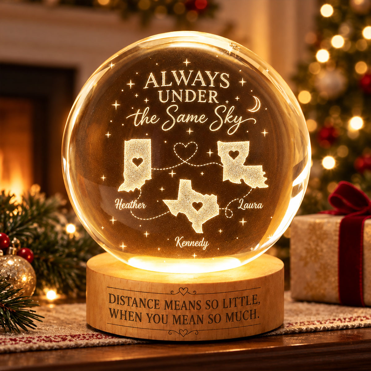 Long Distance Family Custom State Map - Personalized Crystal Ball LED Night Light - Togetherness Christmas Gift for Family