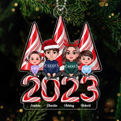 Family Crossed Legs Sitting Candy Cane Stripes Christmas Tree 2023 Personalized Acrylic Ornament