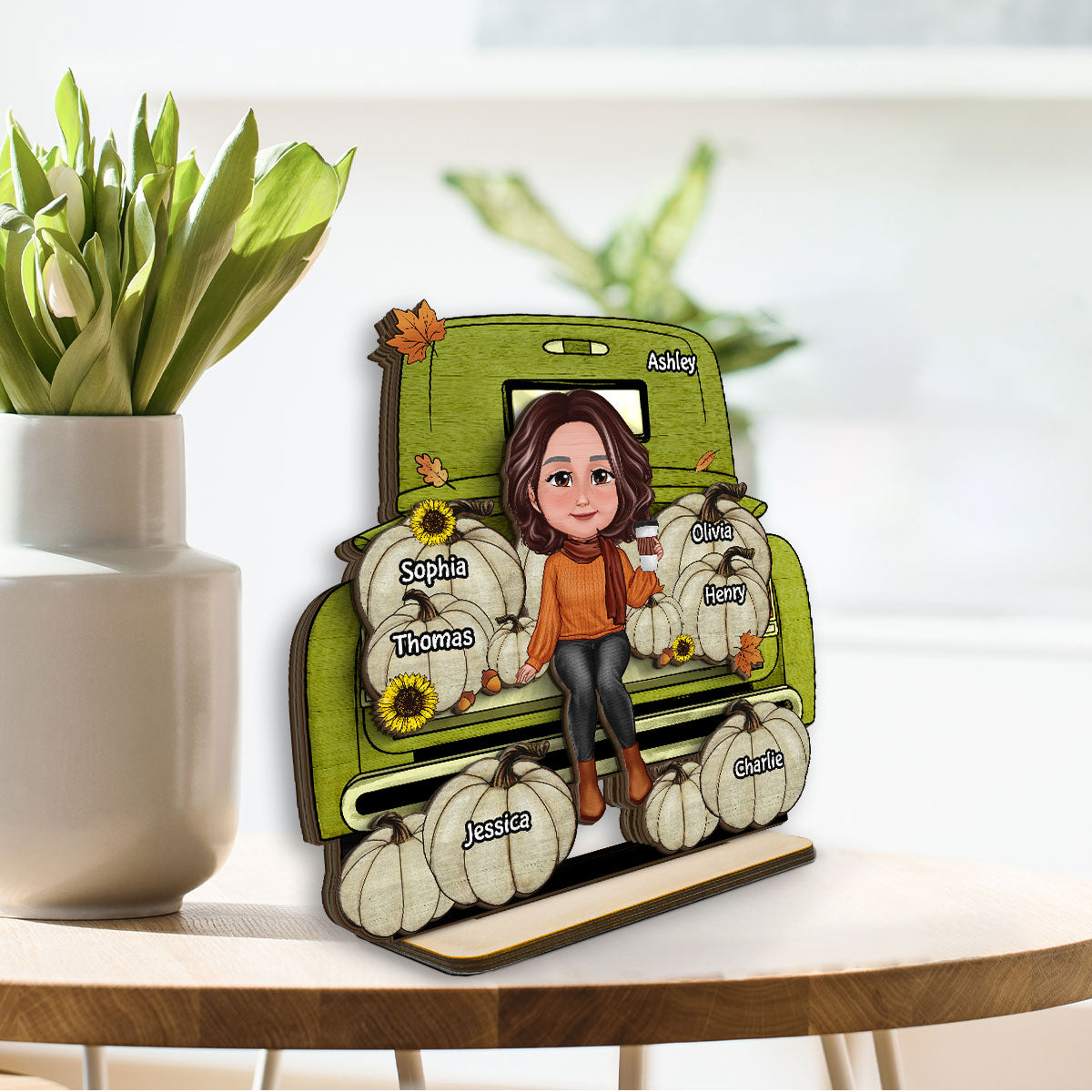 Grandma Fall Season Truck Personalized 2-Layer Standing Wooden Plaque, Fall Season Tier Tray Decoration