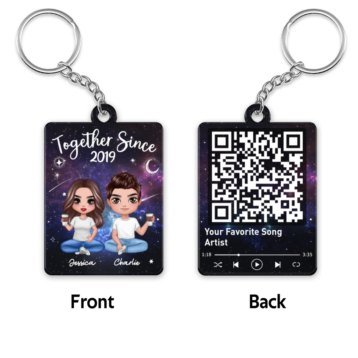 Doll Couple Sitting Galaxy Night Favorite Song Scannable QR Code Personalized Acrylic Keychain