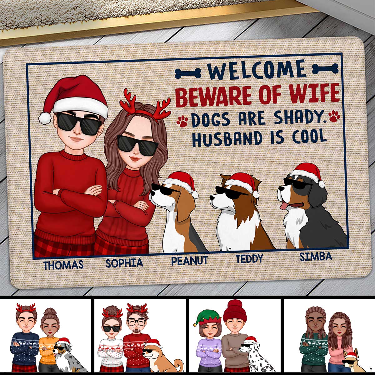 Welcome Beware Of Wife Dogs Are Shady Funny Dogs Cartoon Personalized Doormat