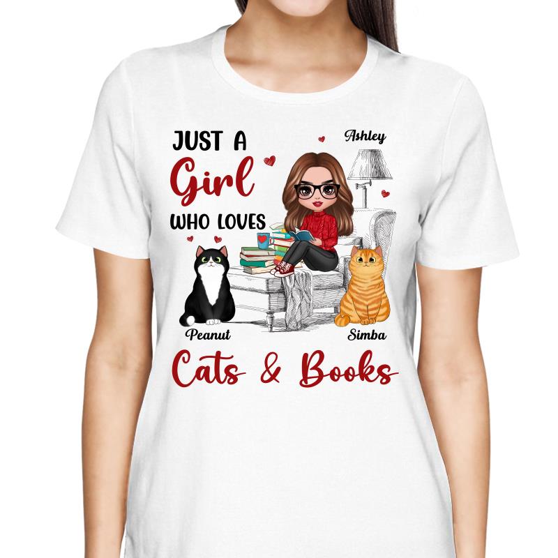 Reading Books Girl And Cats Outline Personalized Shirt