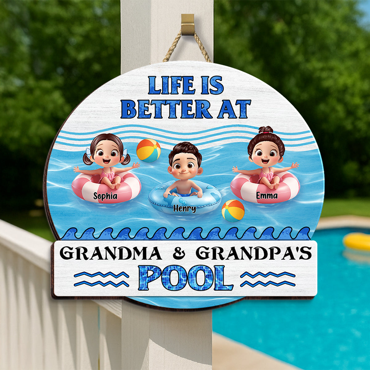 Life is Better at Grandma & Grandpa Pool Personalized Wooden Door Sign, Grandchildren Welcome Sign