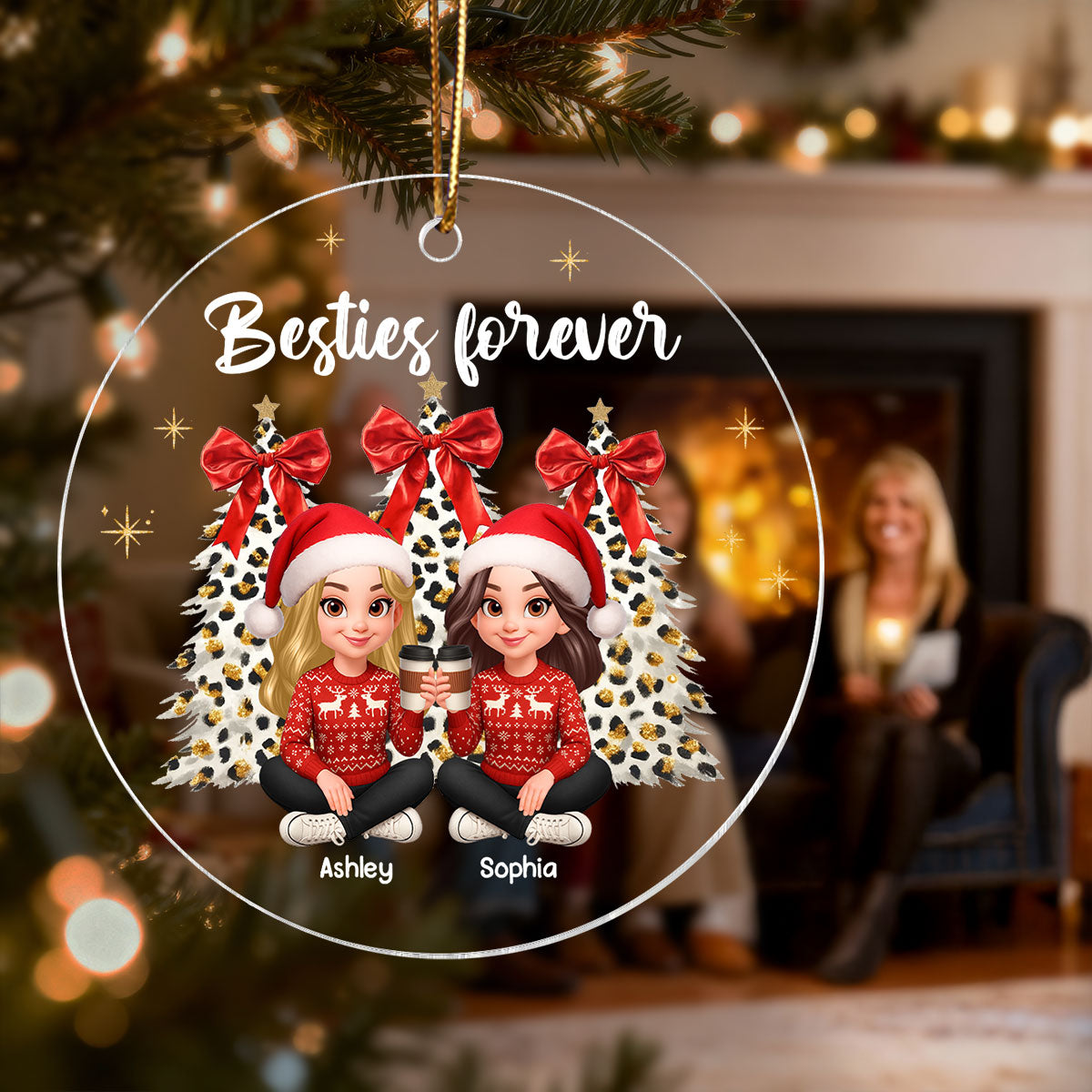 Besties Forever Leopard Coquette Christmas Tree - Personalized Acrylic Ornament