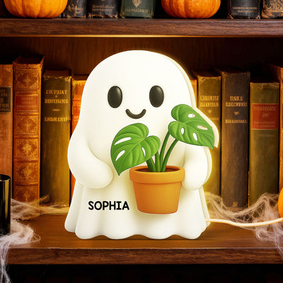 Halloween Boo Ghost Holding Plant - Personalized Light Box - Gift For Plant Lovers, Gardeners
